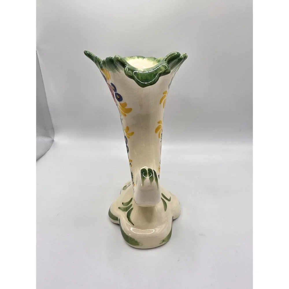 VTG PV Peasant Village Italy Horn Vase Floral Hand Painted Jagged Rim